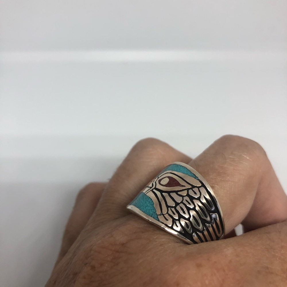Vintage Southwestern Turquoise Inlay Hawk Ring - Picture 2 of 6